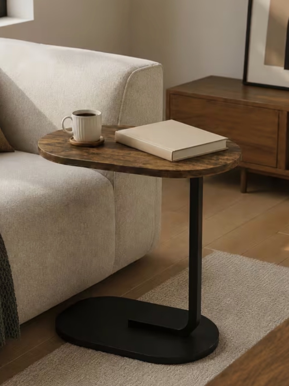 Modern minimalist small end table wood and metal